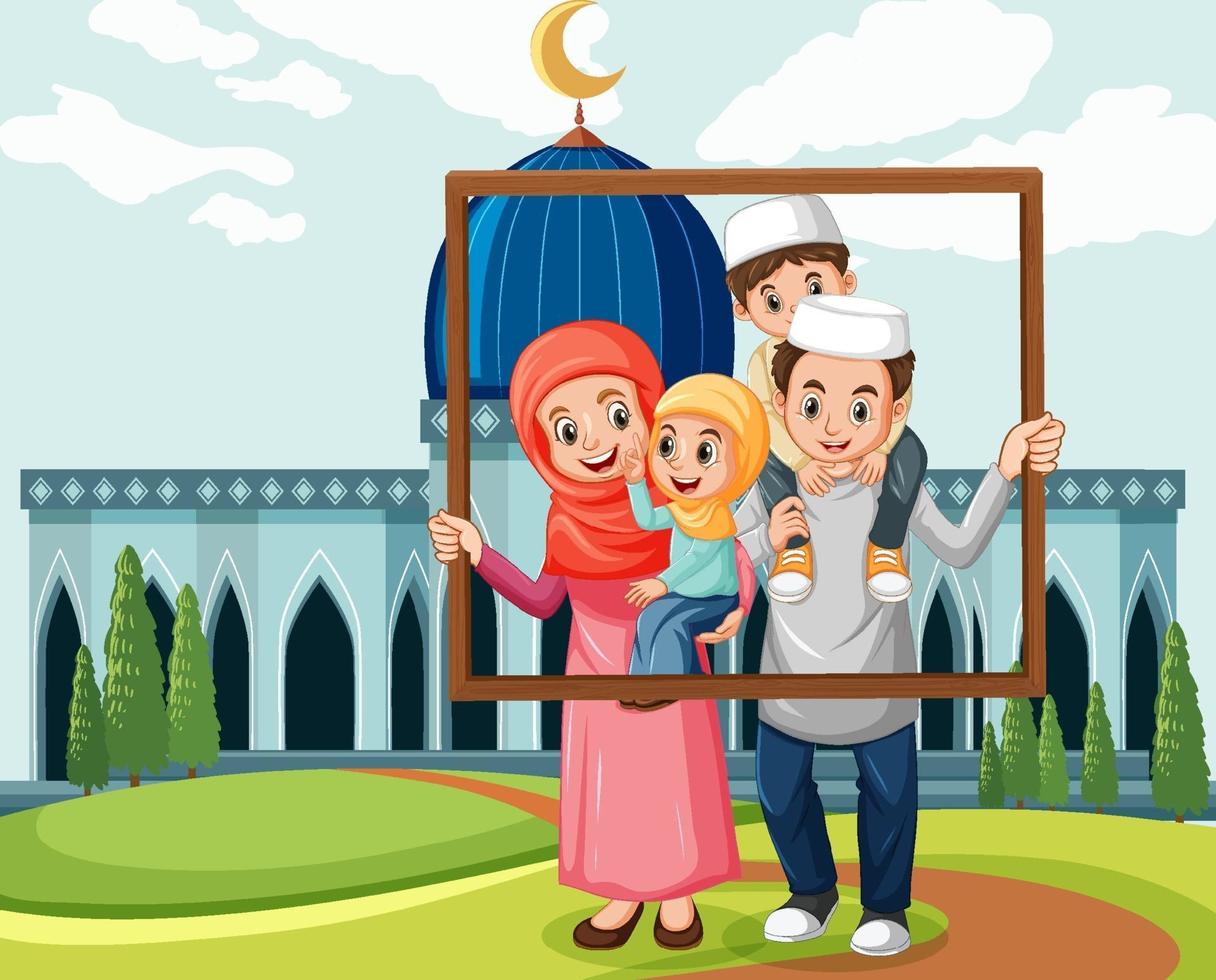 Happy family holding photo frame with mosque on the background vector