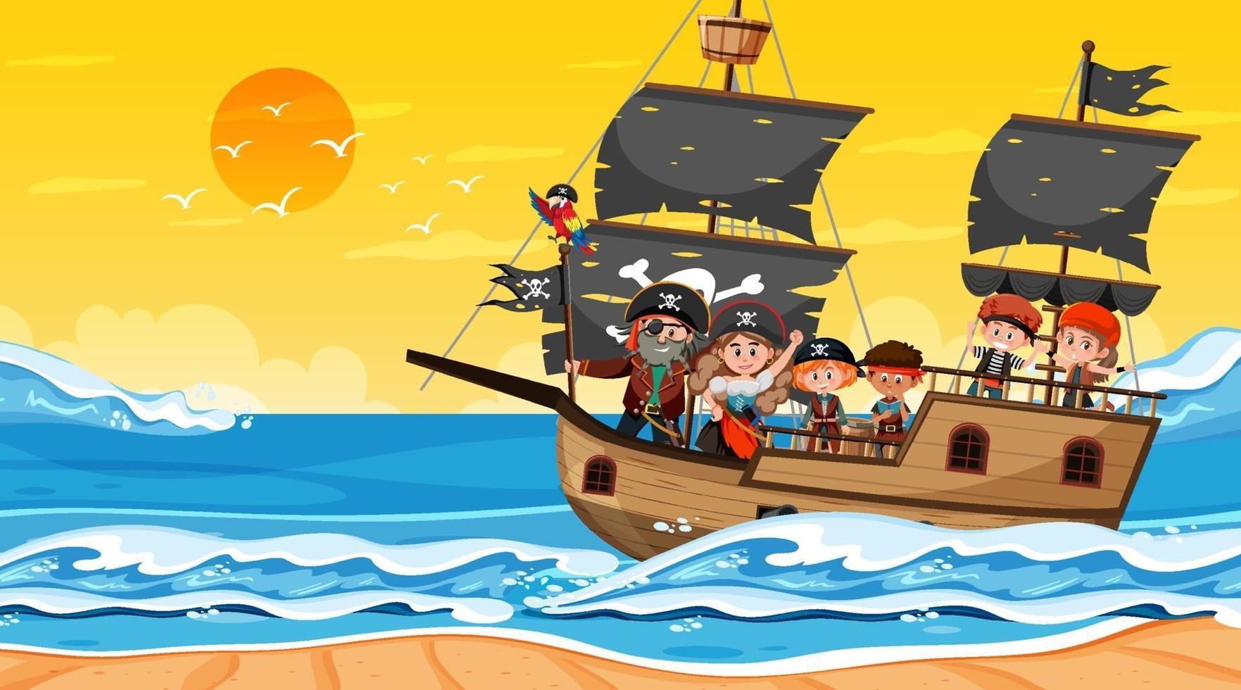 Escena del océano al atardecer con niños piratas en el barco. vector