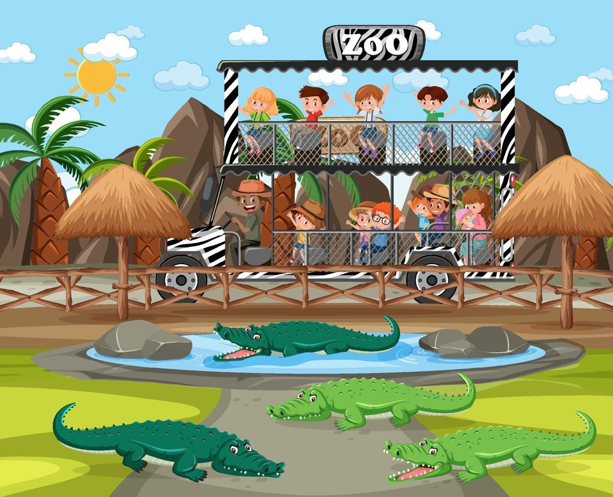 Escena de safari con niños en coche turístico viendo grupo de caimanes vector