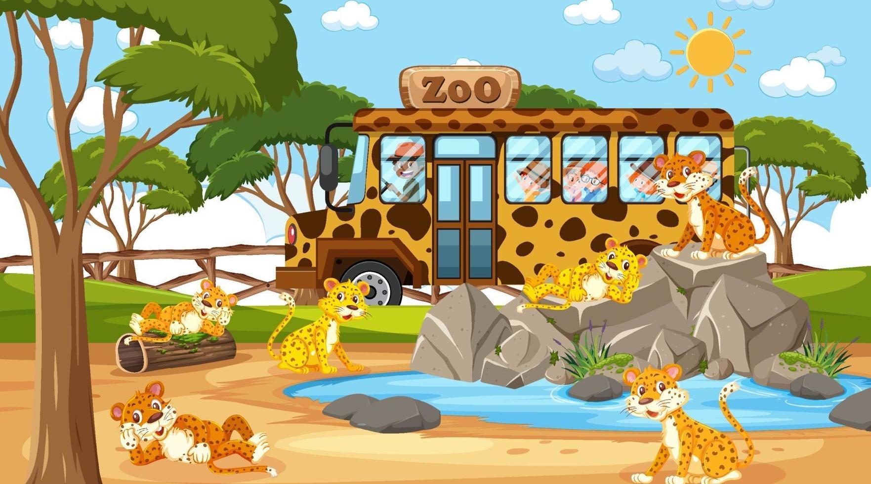 Safari at day time scene with many kids watching leopard group vector