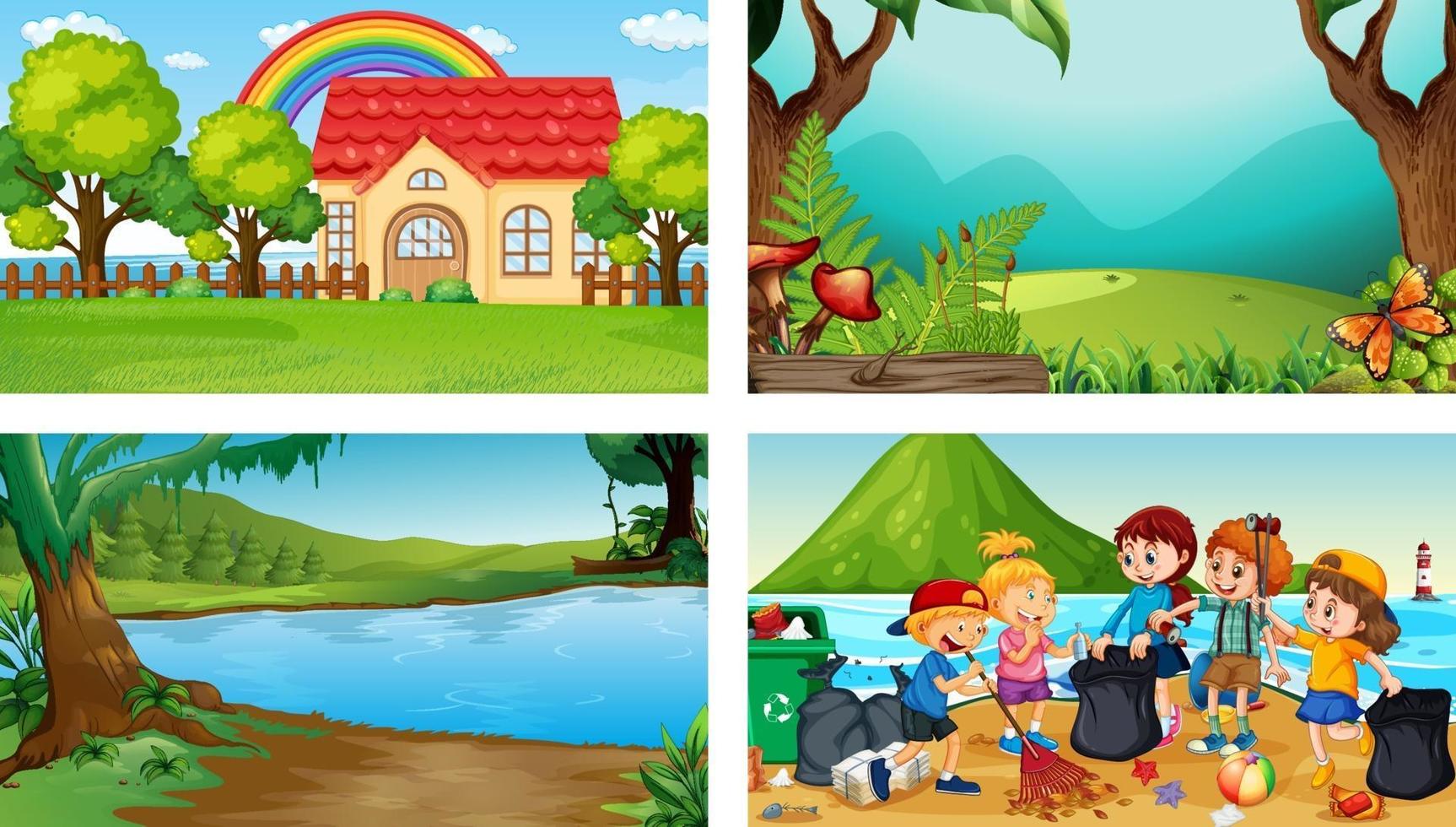 cuatro escenas diferentes con personaje de dibujos animados de niños. vector