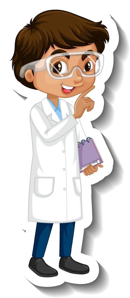 Cartoon character sticker with a boy in science gown vector