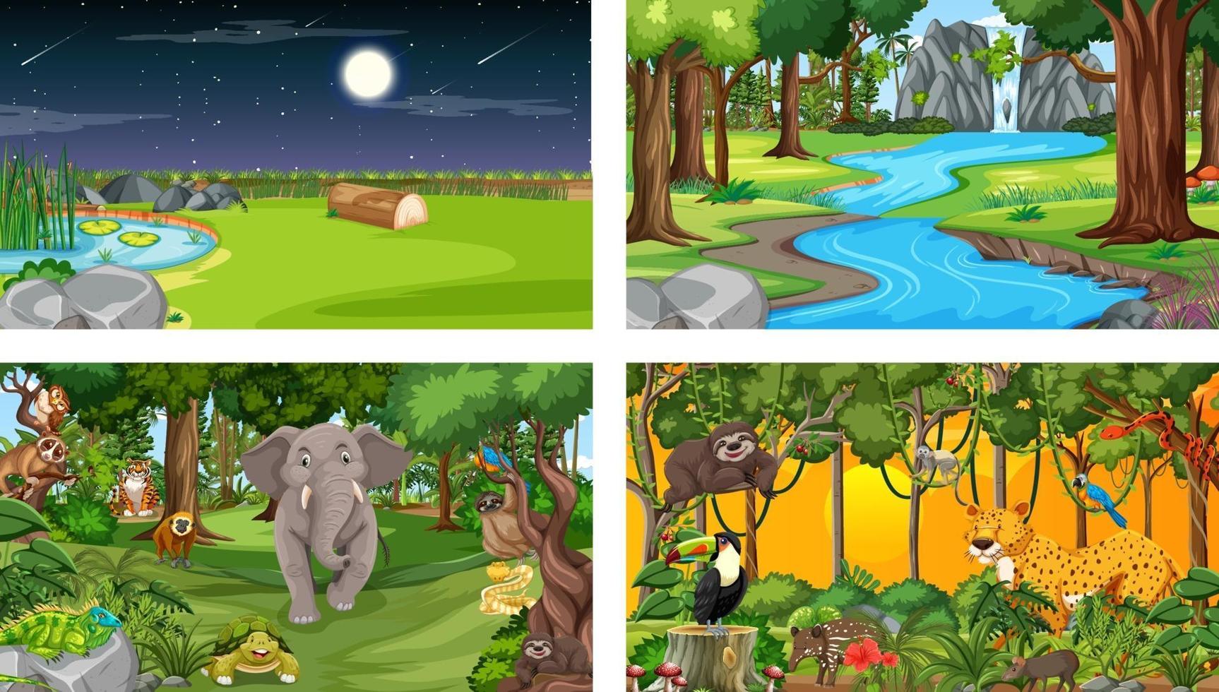 Conjunto de escena horizontal de bosque diferente con varios animales salvajes vector