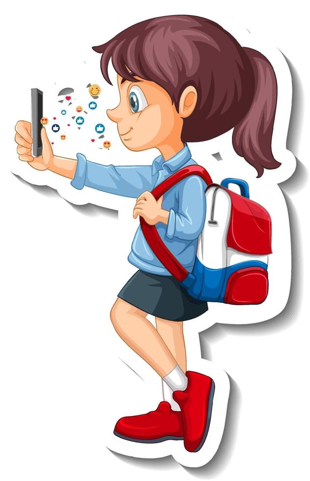 una chica estudiante que usa una pegatina de personaje de dibujos animados vector