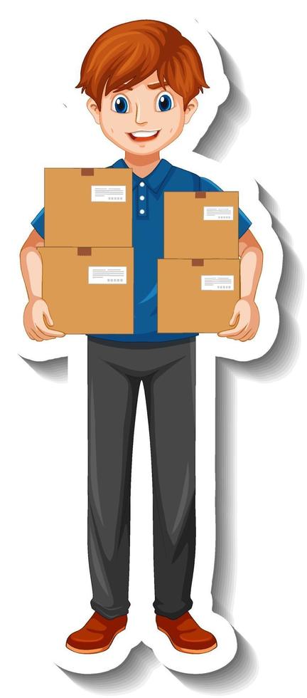 A sticker template with courier man in uniform holding boxes vector