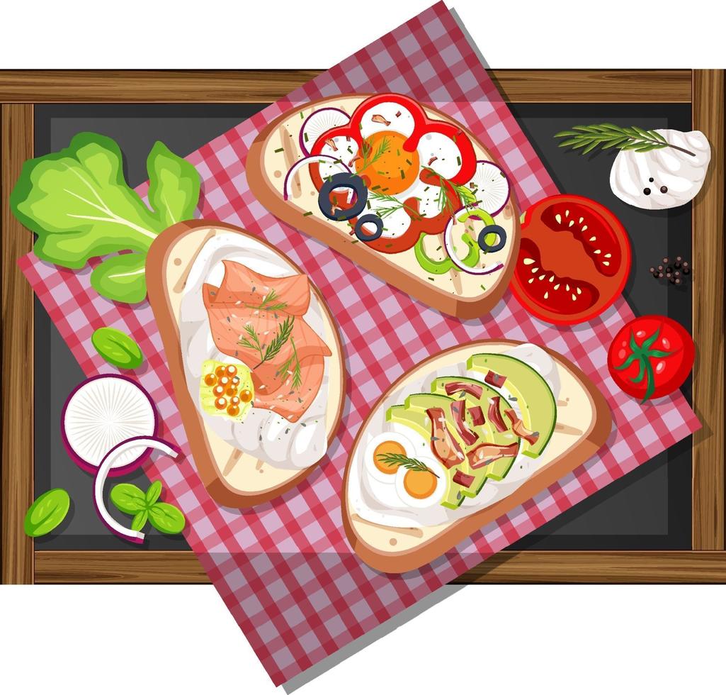 Top view of different bruschettas on wooden tray isolated vector