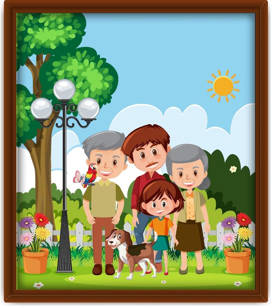 A picture of happy family at the park in a frame vector