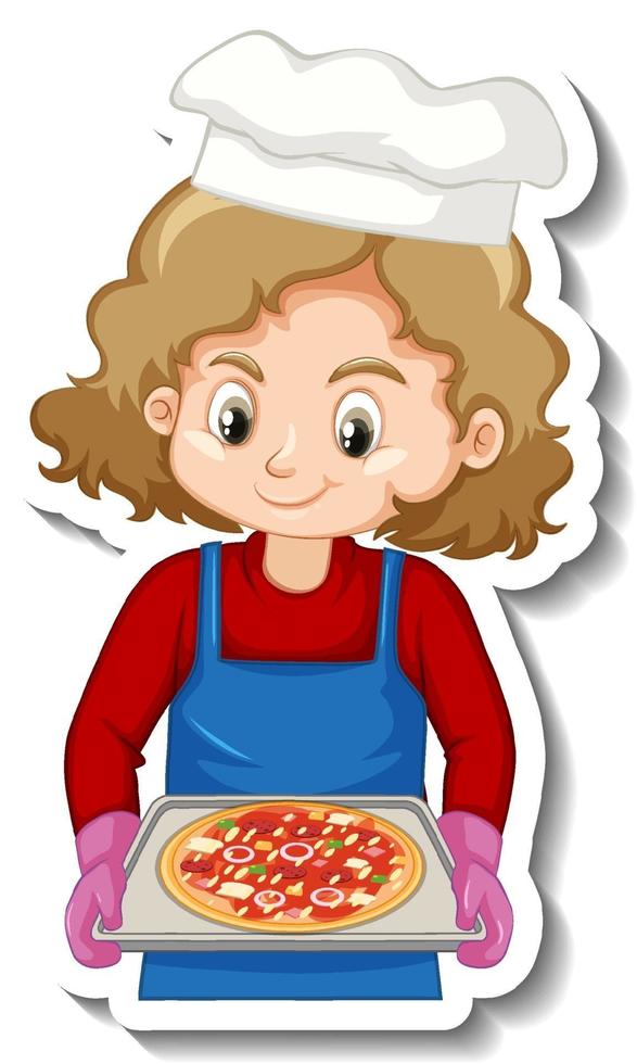 Diseño de etiqueta con chica chef sosteniendo bandeja de pizza vector