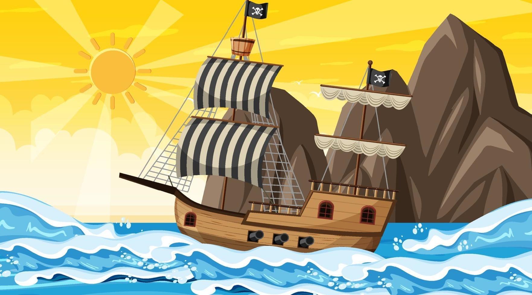 Océano con barco pirata en la escena del atardecer en estilo de dibujos animados vector