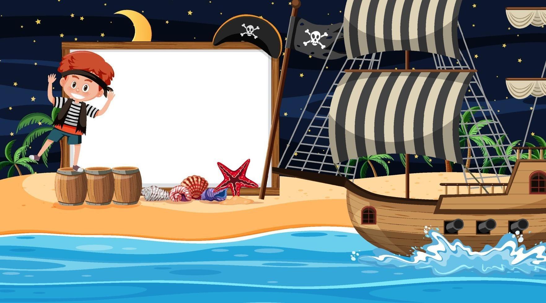 Pirate kids at the beach night scene with an empty banner template vector