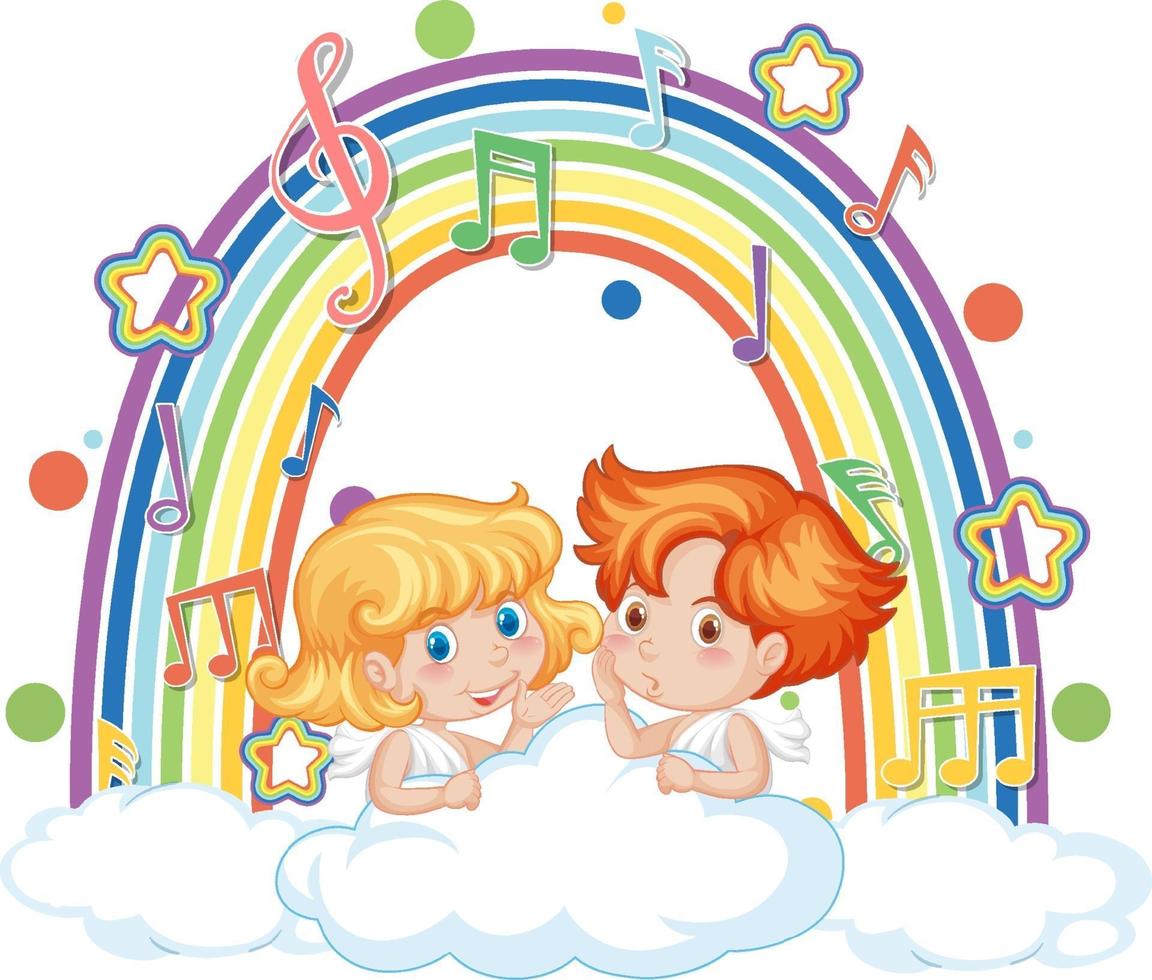 Cupid couple holding with melody symbols on rainbow vector