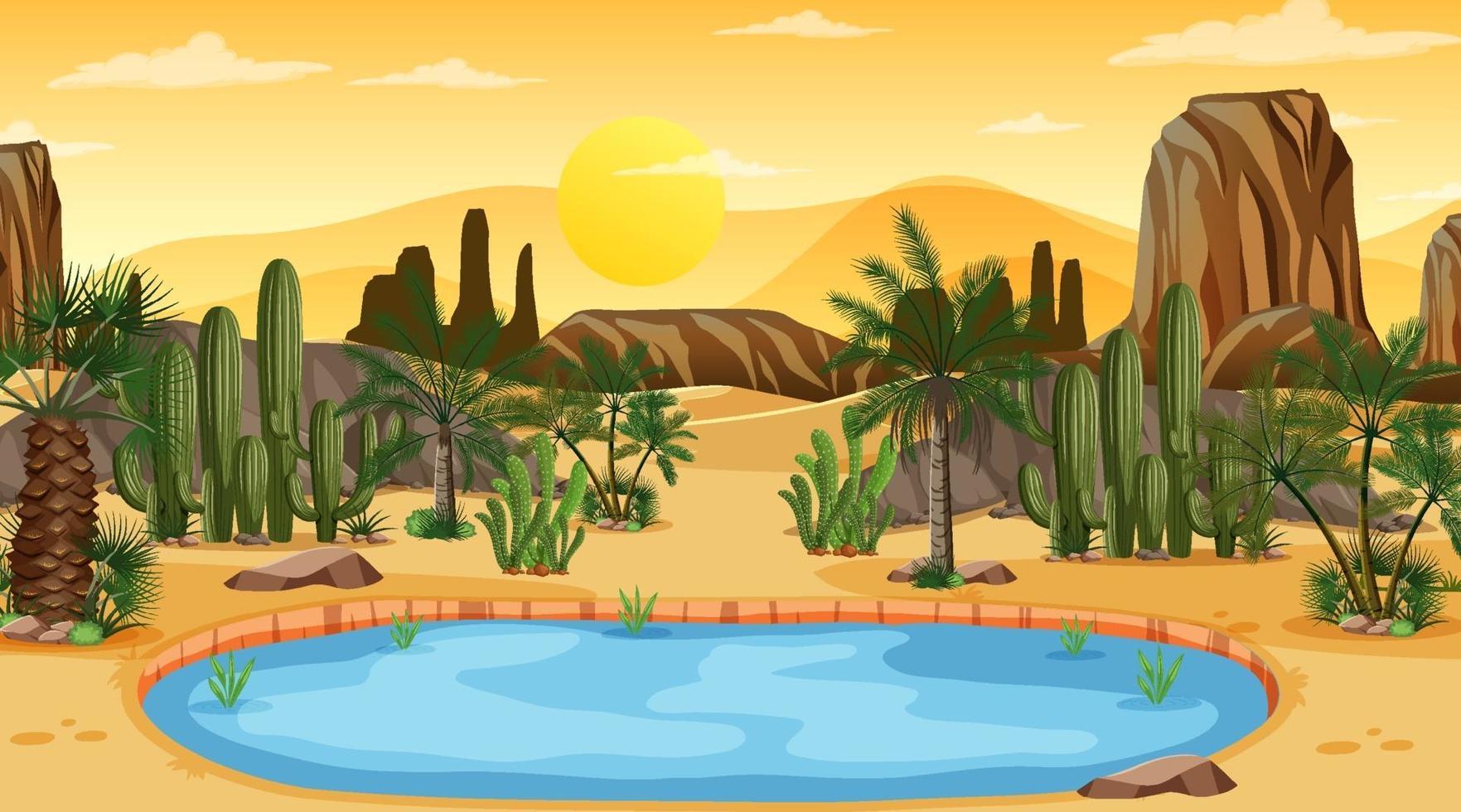 paisaje de bosque desértico en la escena del atardecer con oasis vector