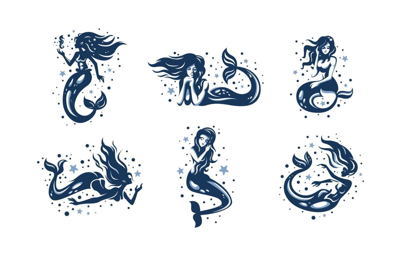 Beautiful Mermaid with Shine Icon Shilouette Set vector