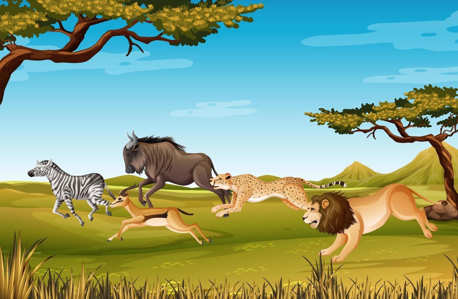 Grupo de animales salvajes africanos en la escena del bosque vector