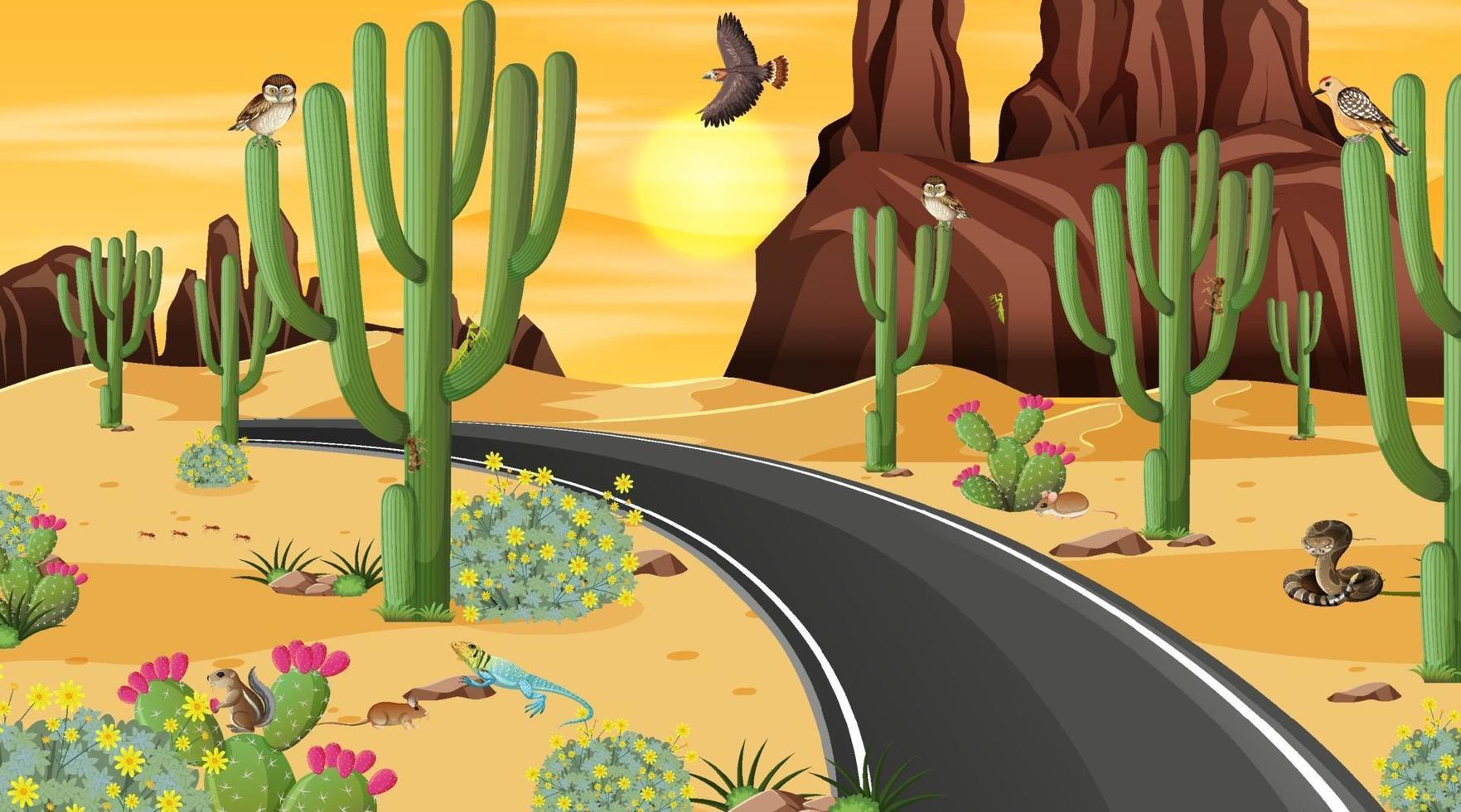Road through the desert forest landscape scene with desert animals vector