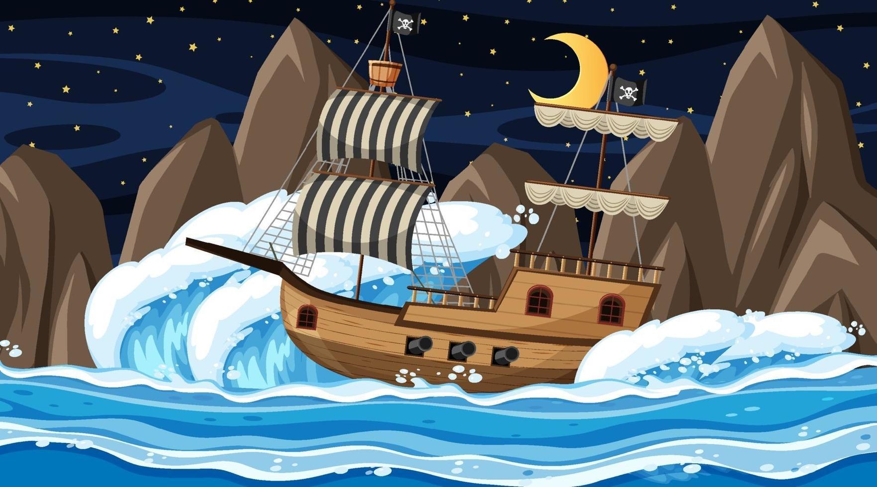 océano con barco pirata en la escena nocturna en estilo de dibujos animados vector