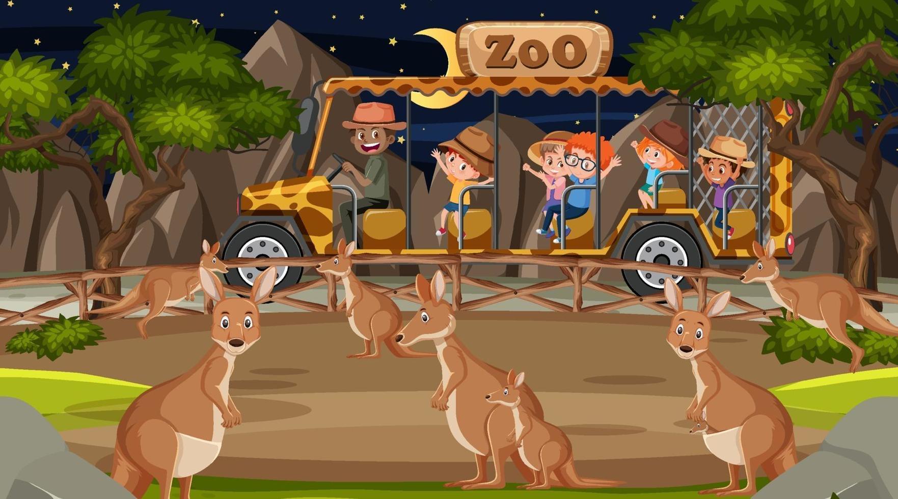 Safari at night scene with many kids watching kangaroo group vector