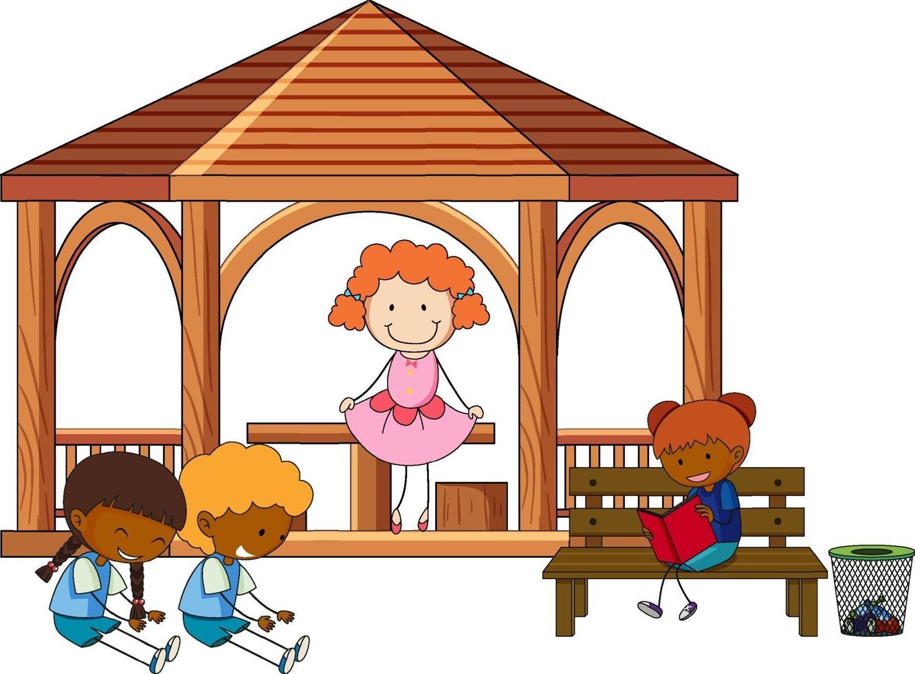 Many kids doing different activities in gazebo vector