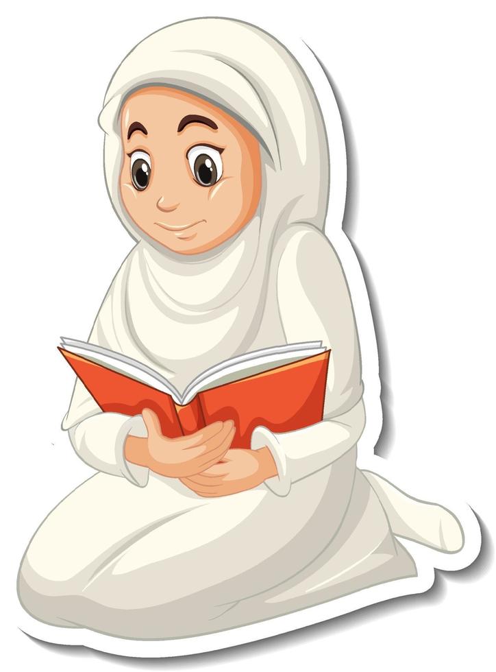 una plantilla de pegatina con una niña musulmana rezando personaje de dibujos animados vector