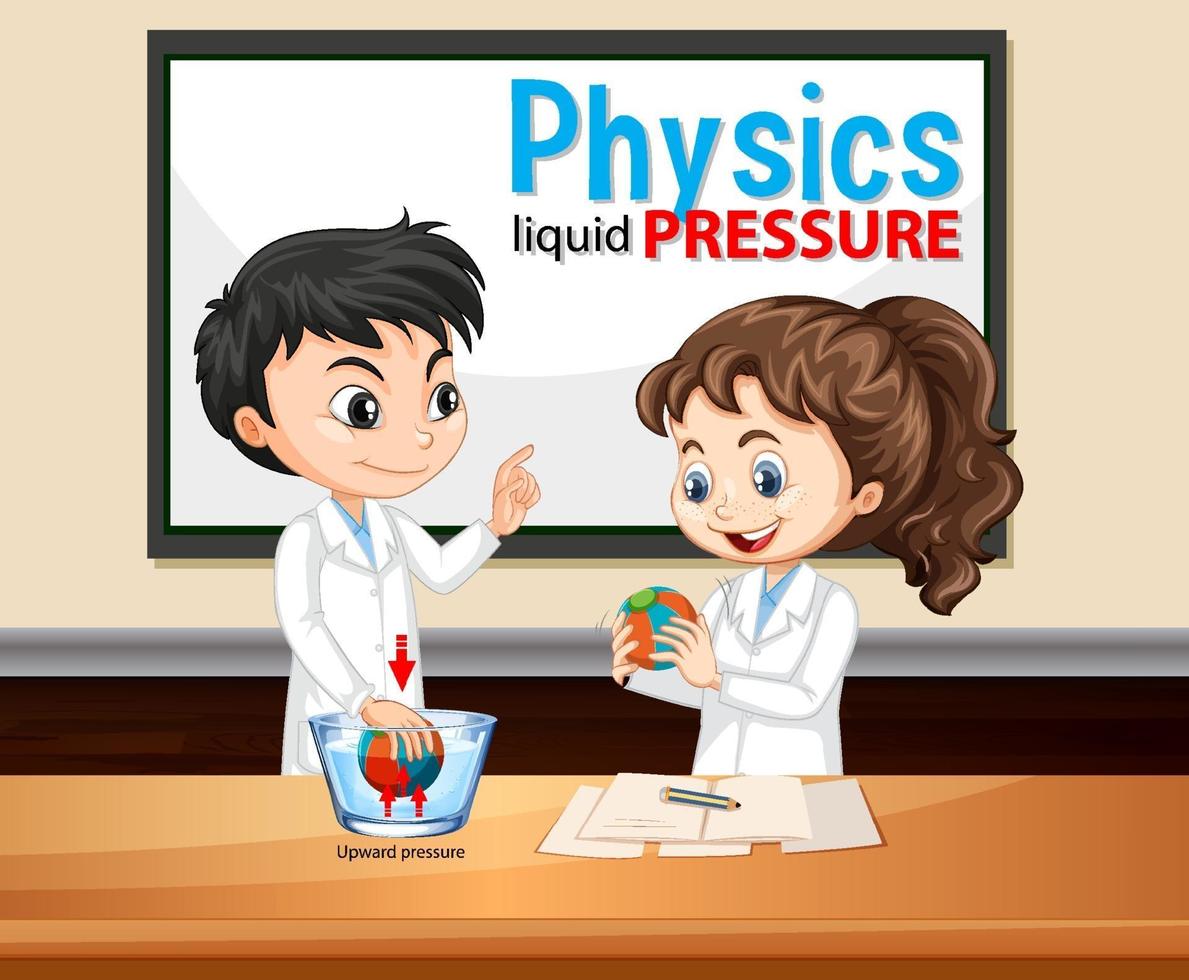 presión líquida física con científico personaje de dibujos animados para niños vector