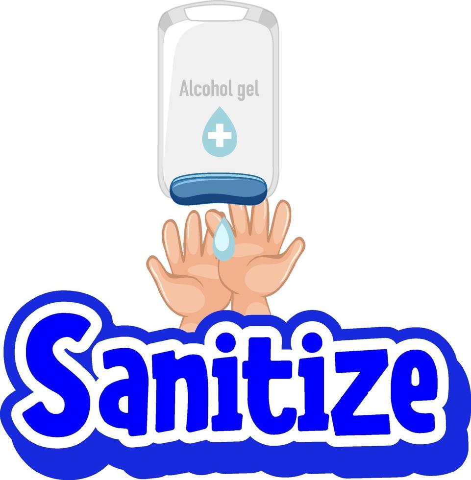 Sanitize font in cartoon style with hands using alcohol gel vector