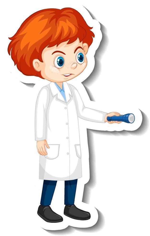 pegatina de personaje de dibujos animados con un niño en bata de ciencia vector