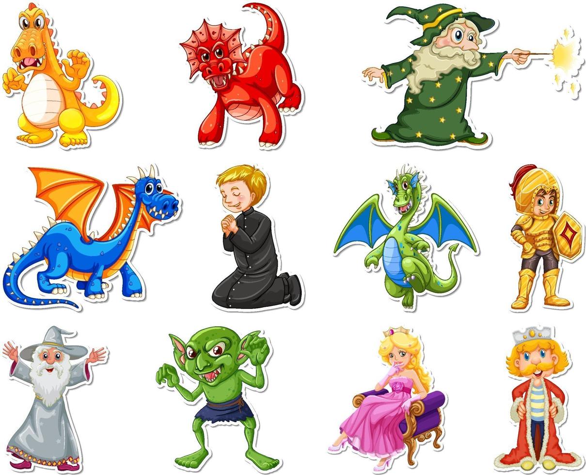 Sticker set with different fairytale cartoon characters vector
