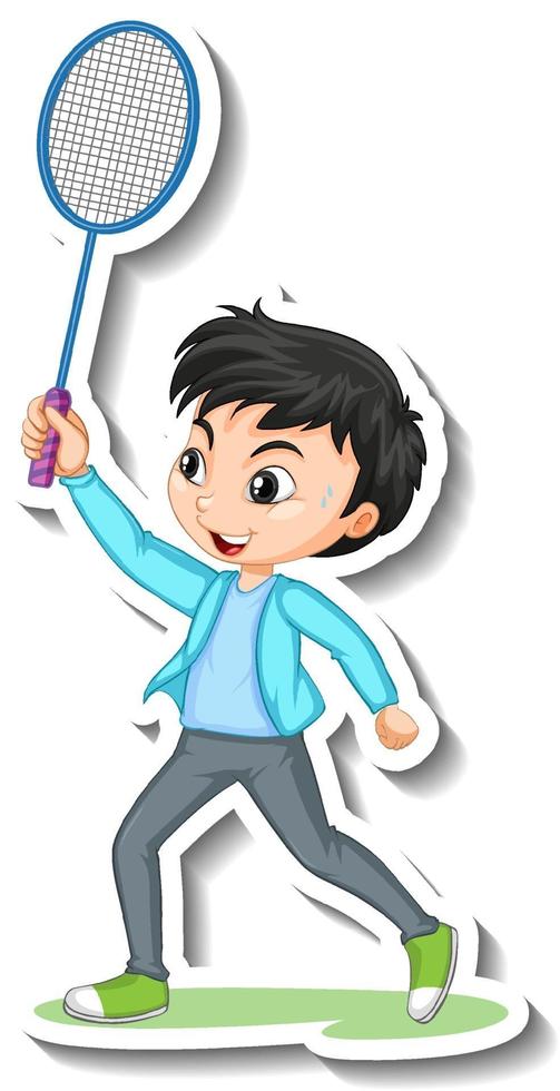 pegatina de personaje de dibujos animados con un niño jugando bádminton vector