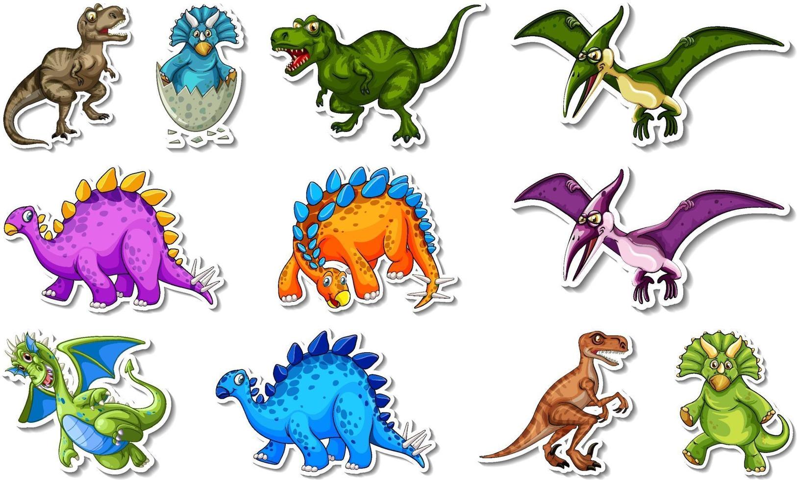 Sticker set with different types of dinosaurs cartoon characters vector