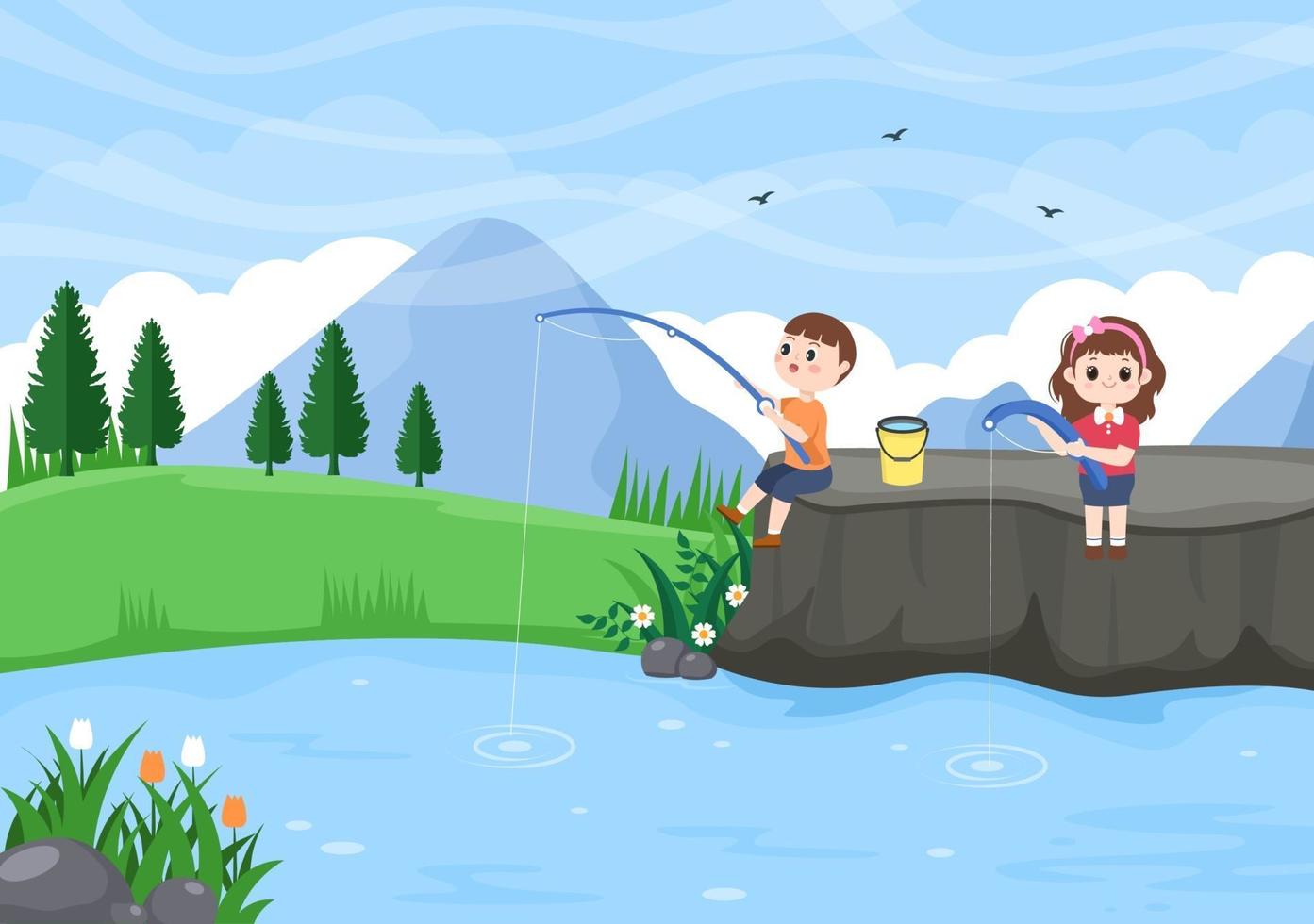 Children Fishing Fish Vector Illustration