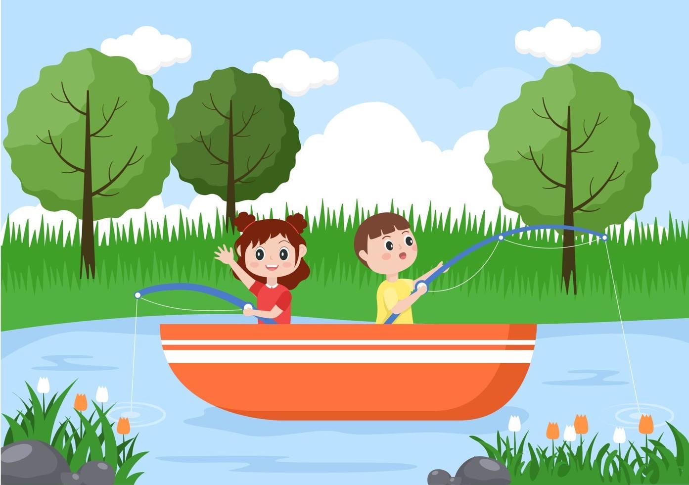 Children Fishing Fish Vector Illustration