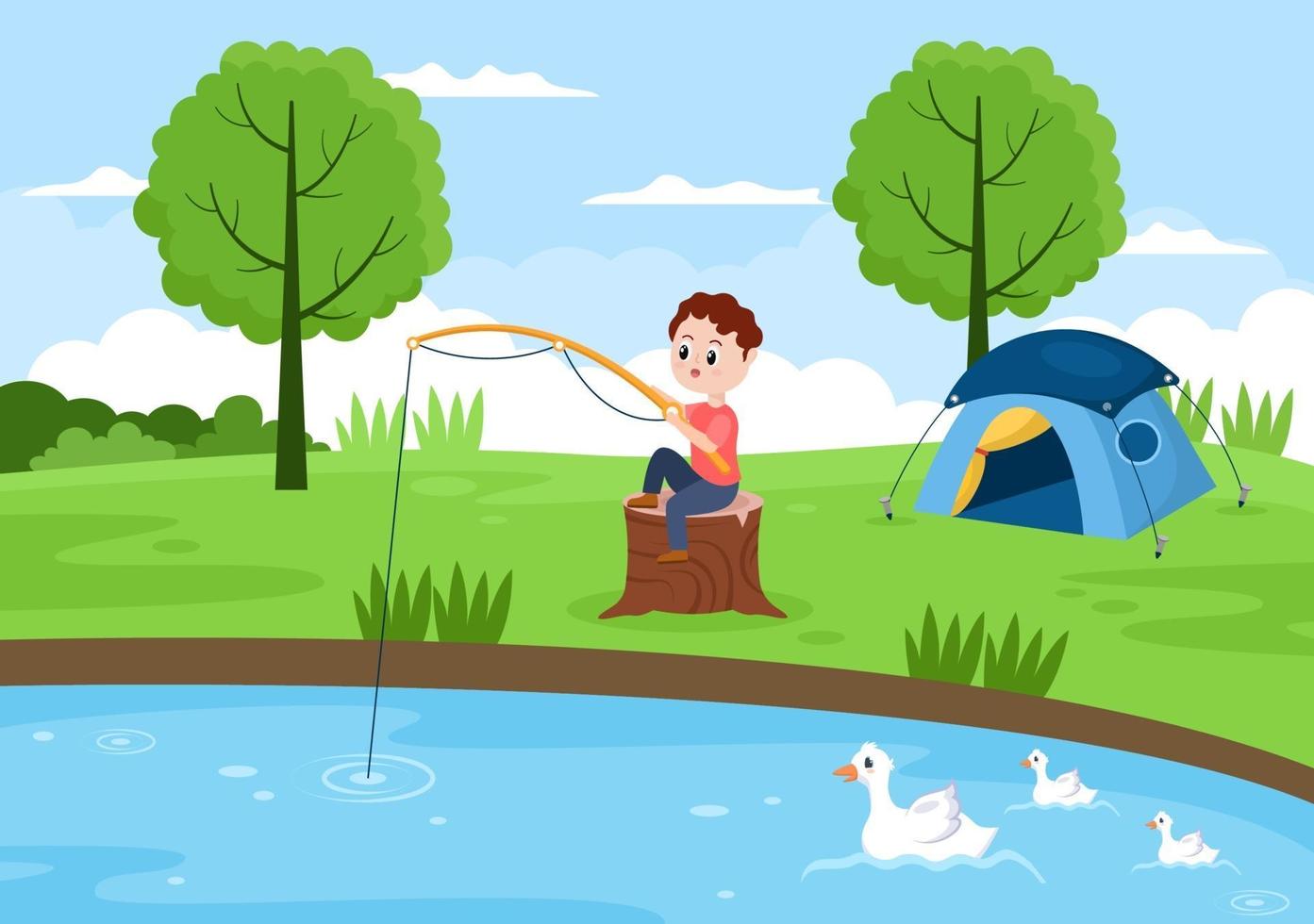 Children Fishing Fish Vector Illustration