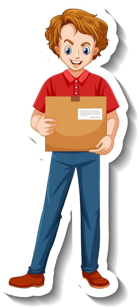 A sticker template with delivery man in uniform holding boxes vector