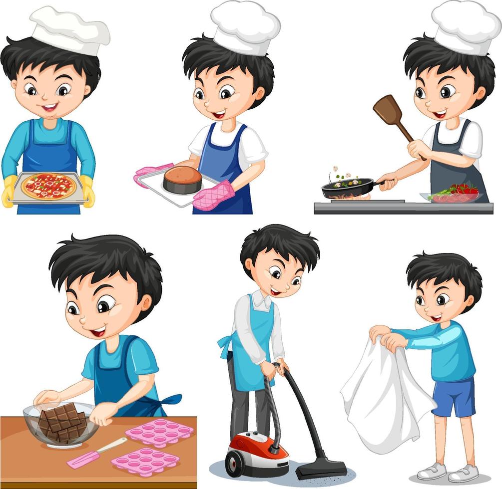 conjunto de un niño haciendo diferentes tareas domésticas. vector