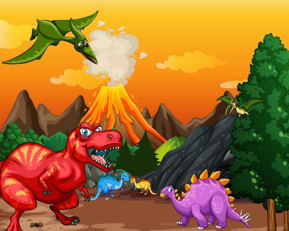 Prehistoric forest scene with various dinosaurs vector