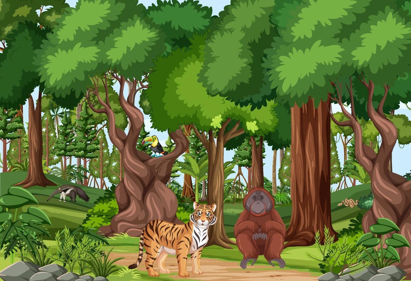Escena de la selva tropical con varios animales salvajes. vector