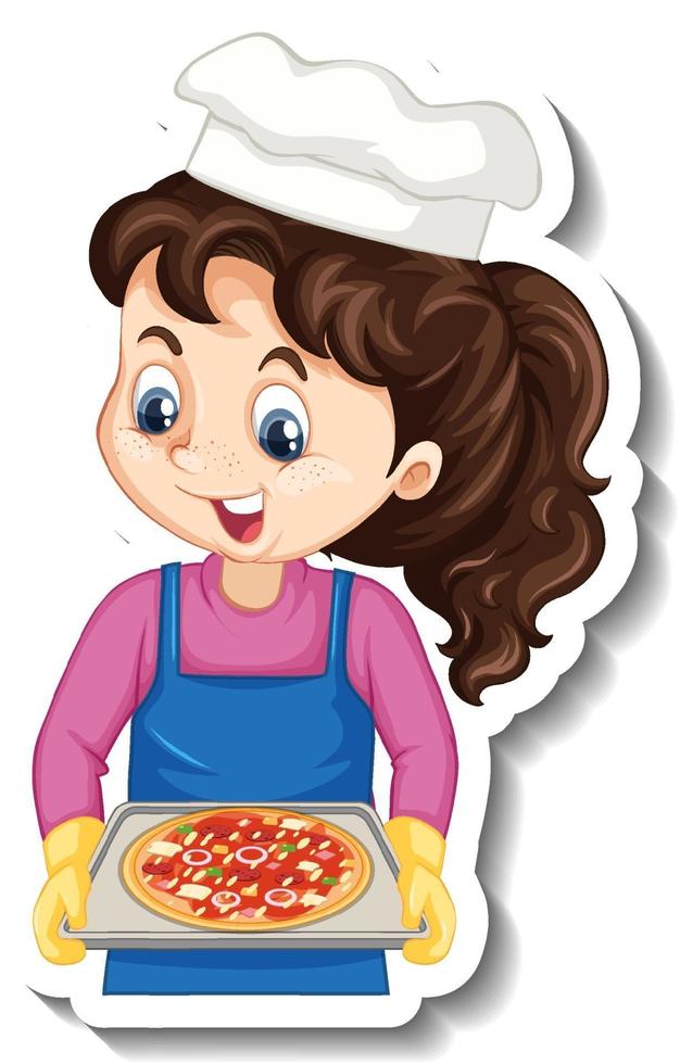 pegatina de personaje de dibujos animados con chica chef sosteniendo bandeja de pizza vector