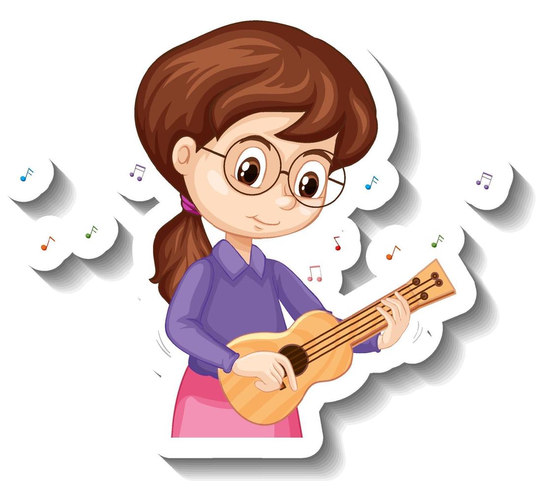 personaje de dibujos animados pegatina niña tocando ukelele instrumento musical vector