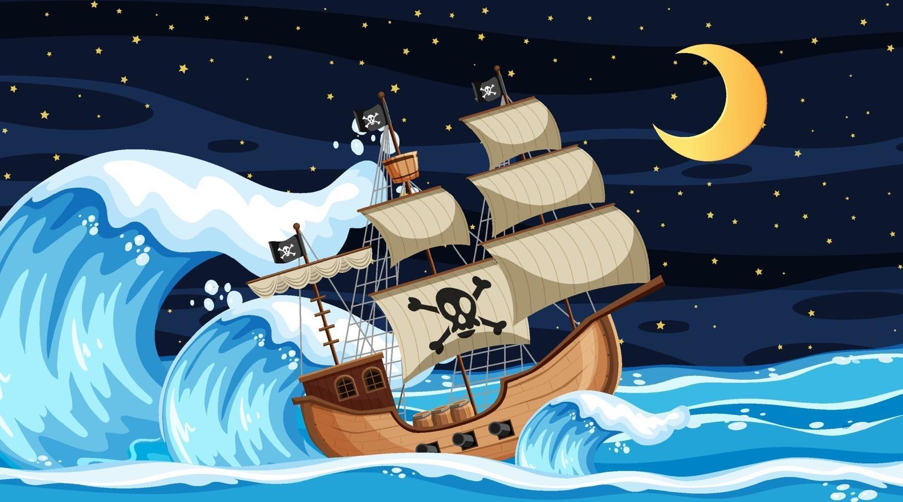 Ocean scene at night with Pirate ship in cartoon style vector