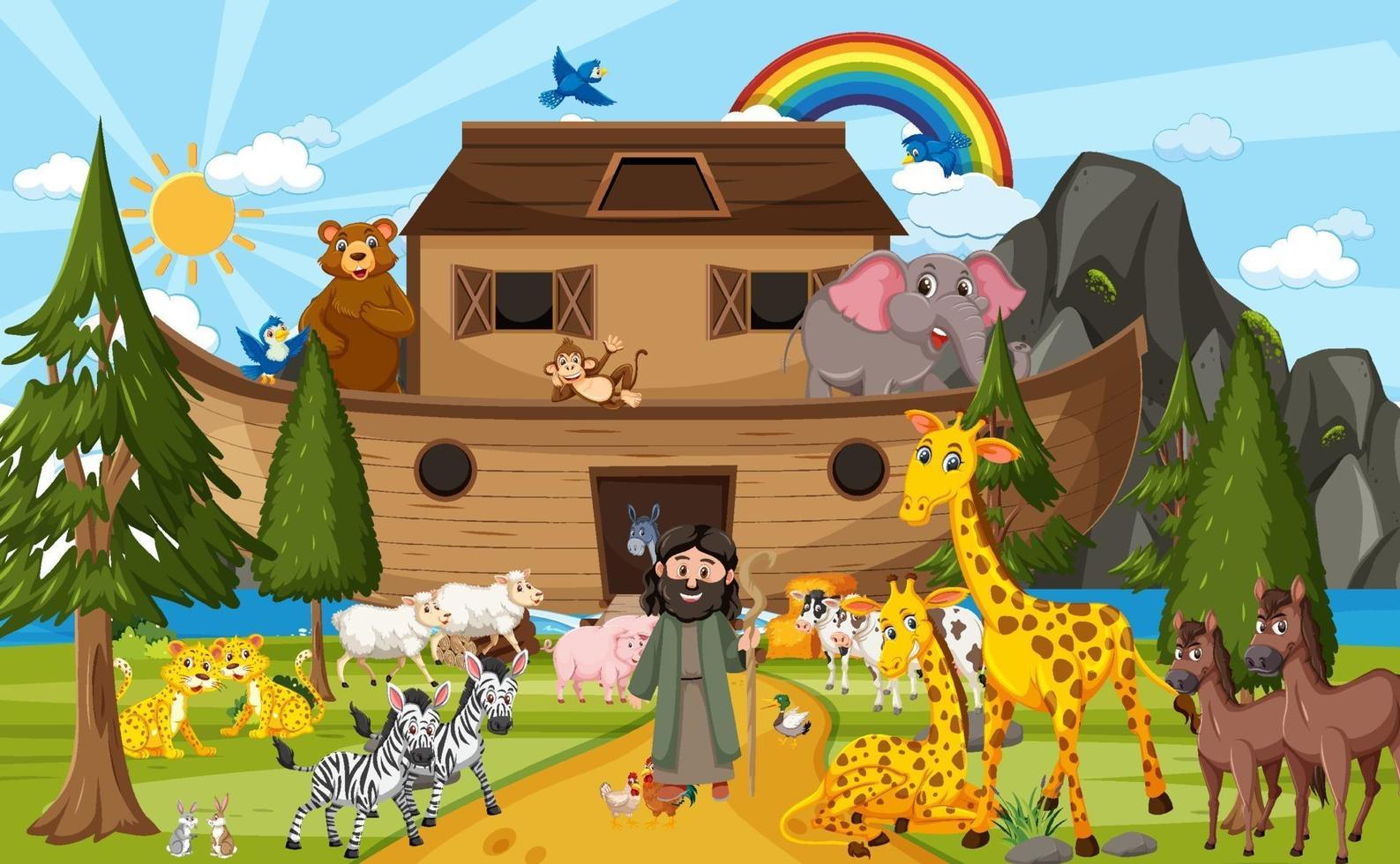 Outdoor nature scene with Noah's Ark with Animals vector