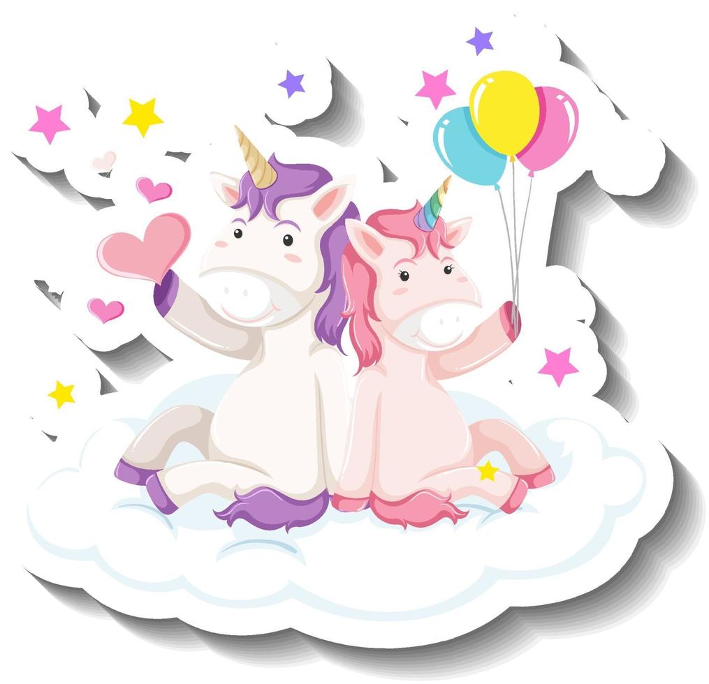 Cute unicorns sitting on the cloud cartoon sticker vector