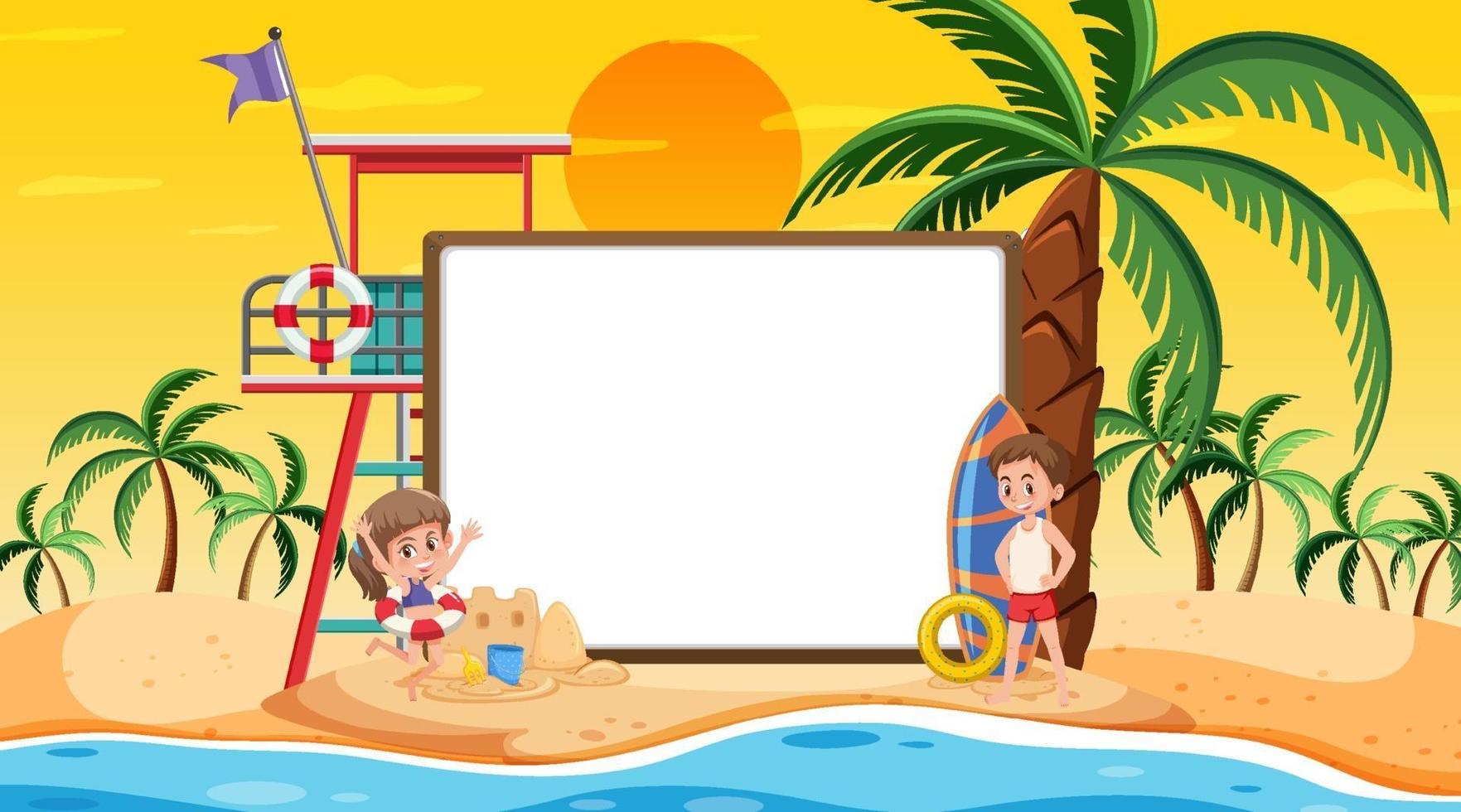 Plantilla de banner vacío con niños de vacaciones en la escena del atardecer en la playa vector