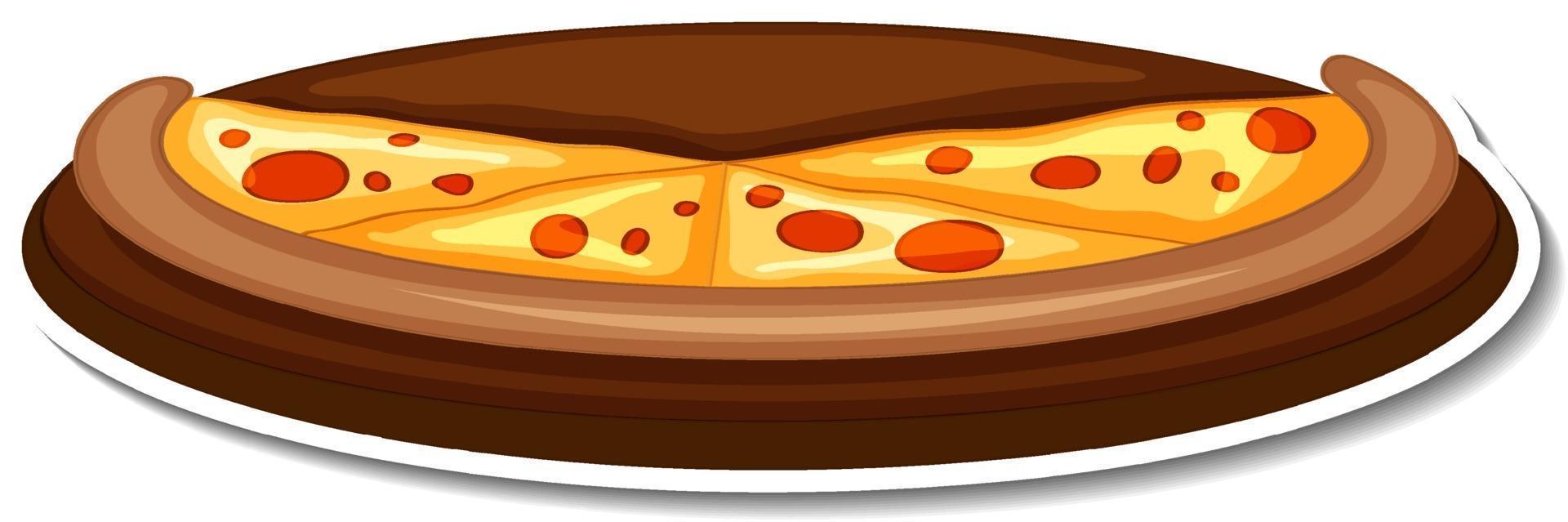 Pizza en la bandeja de madera adhesivo sobre fondo blanco. vector