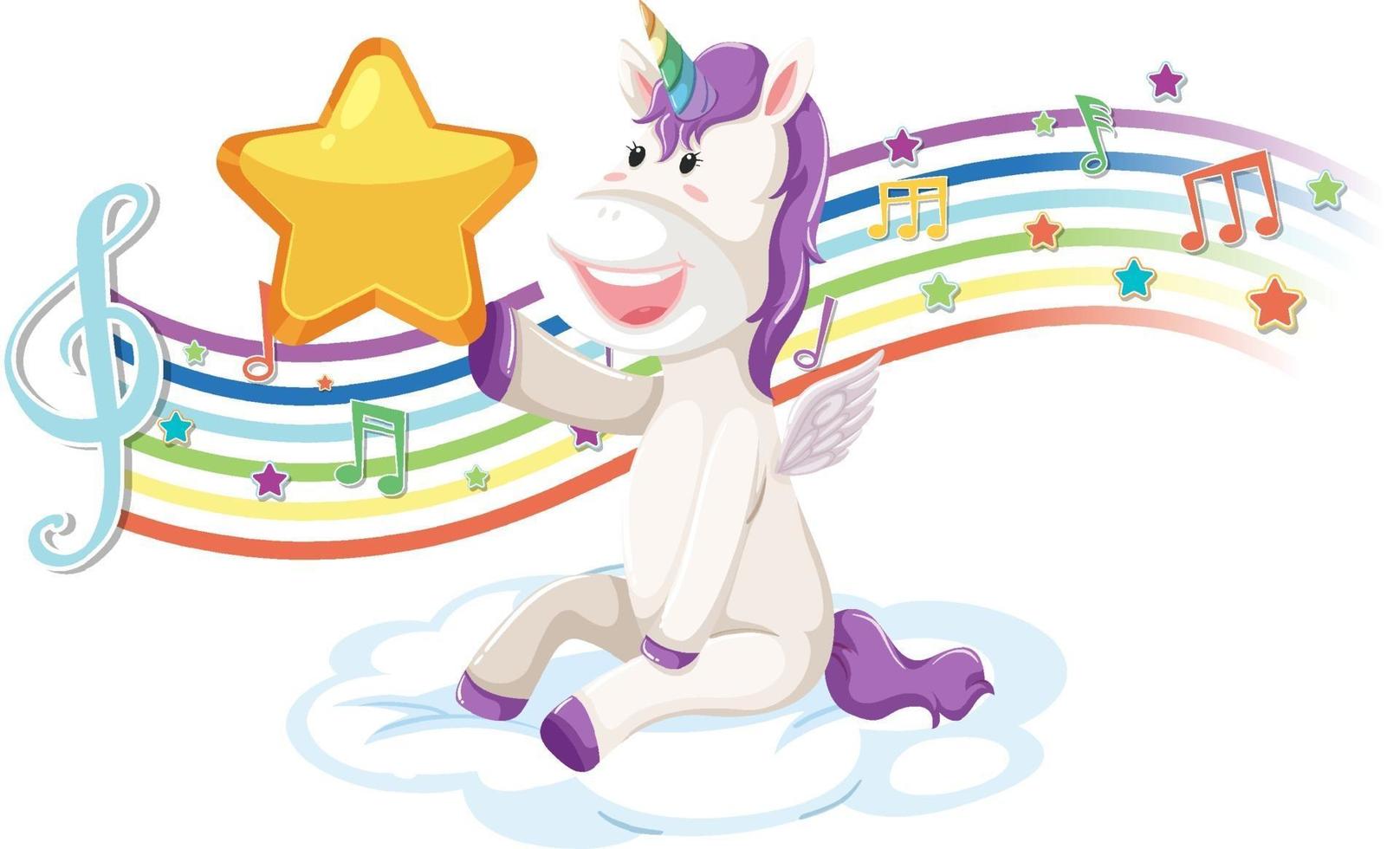 Cute unicorn holding star with melody symbols on rainbow vector