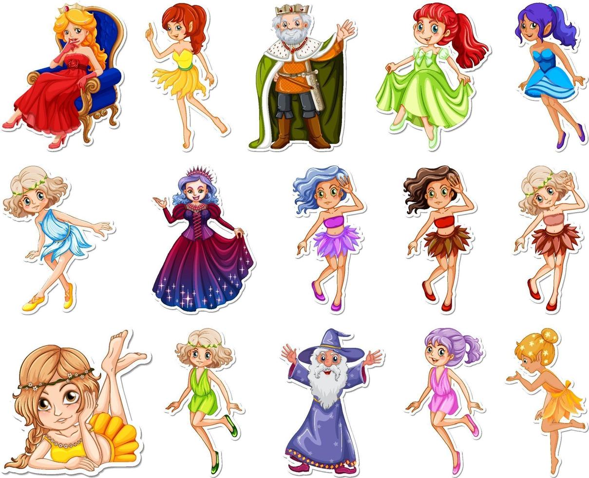 Sticker set with different fairytale cartoon characters vector