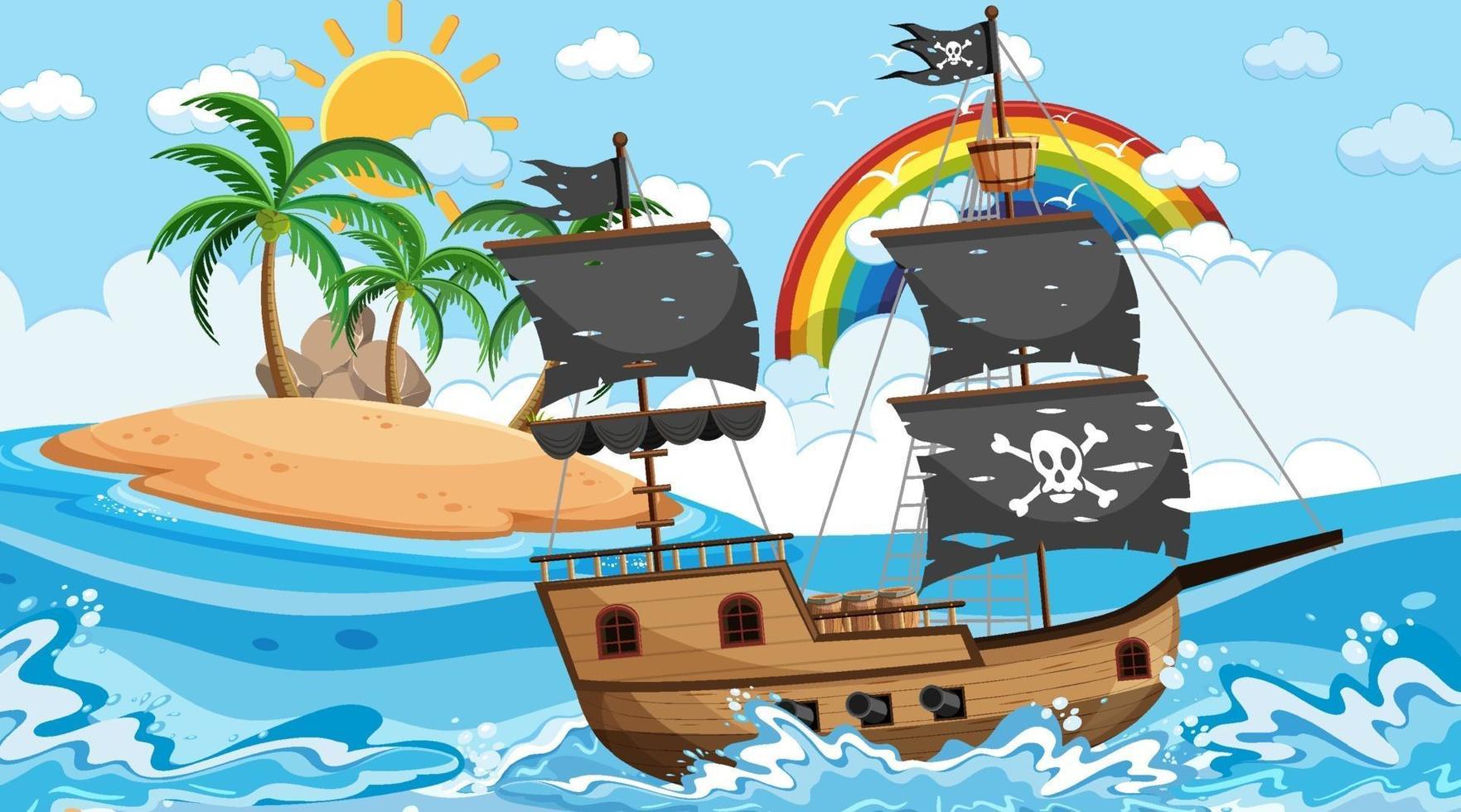 Ocean with Pirate ship at day time scene in cartoon style vector