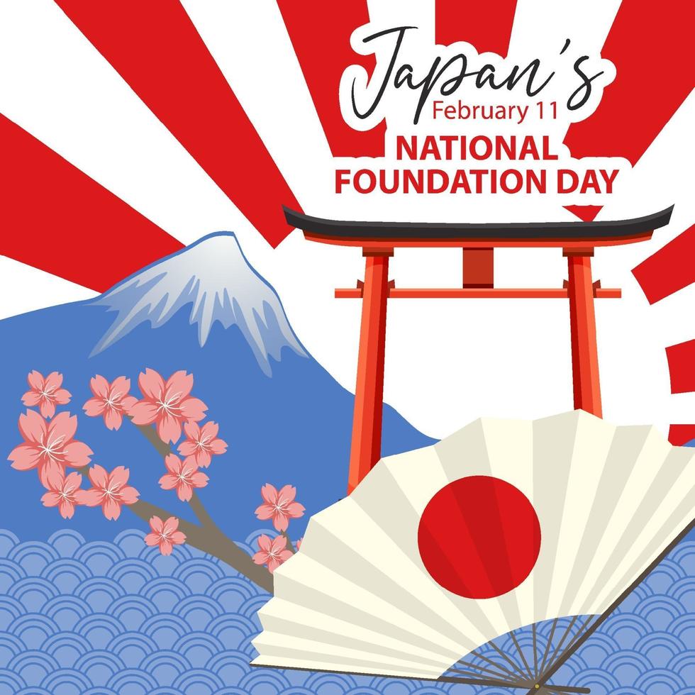 banner del día de la fundación nacional de japón con el monte fuji y la puerta torii vector