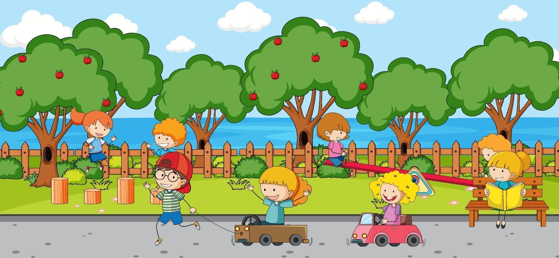 Playground scene with many kids doodle cartoon character vector