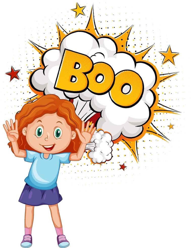 BOO word on bomb explosion with a girl cartoon character isolated vector