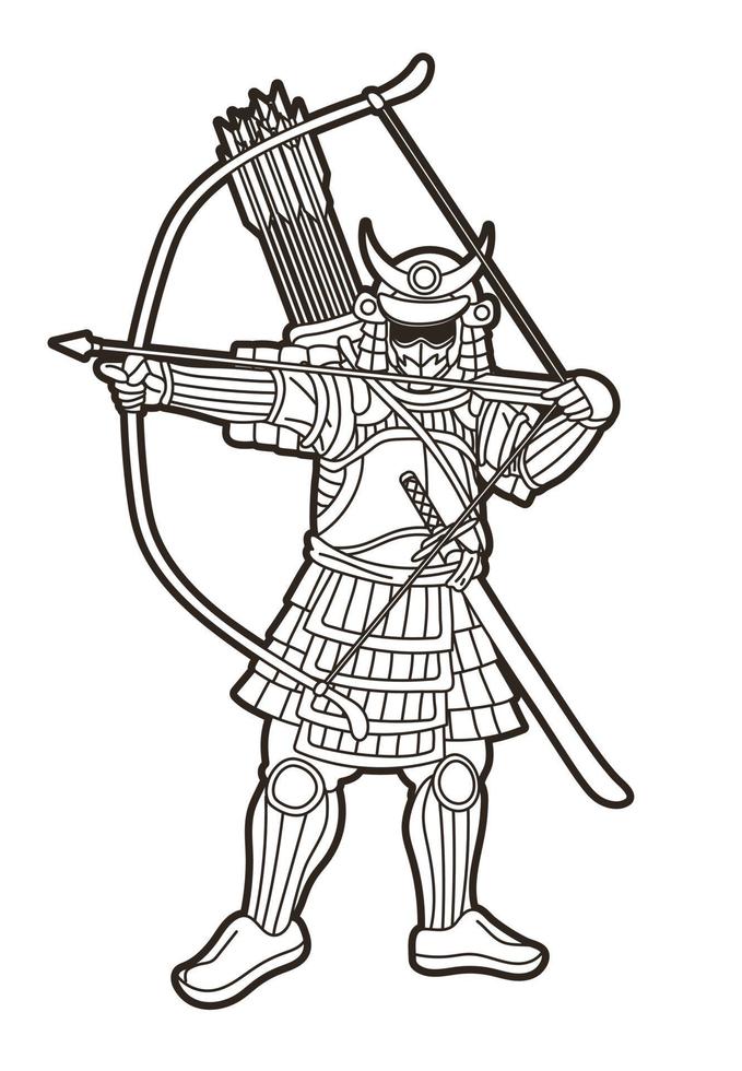 Esquema de guerrero samurái con acción de arco. vector